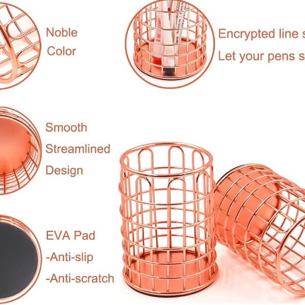 Pen Holder Makeup Brush Organizer - 2 Pack Office Wire Rose Gold KLB