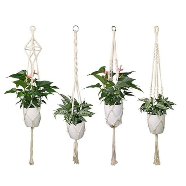 Sæt med 4 blomsterpotteplantholdere til indendørs og udendørs macrame planteholdere