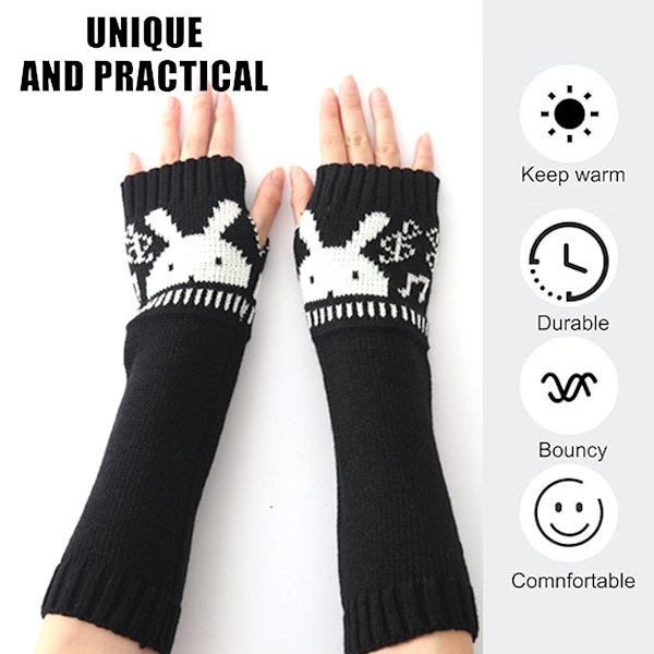 Dame Vinter Fingerless Handsker Strik Arm Varmer Tommelfingerhul Miter med Ka Sort KLB