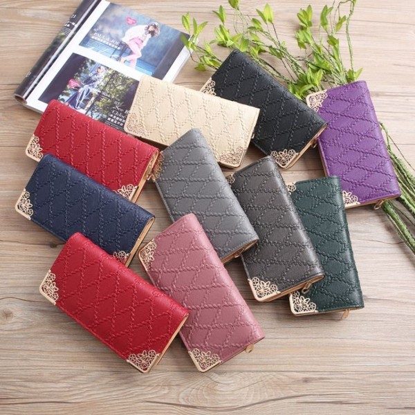 Kvinde Lang Pung Embossed Diamond Retro Mønster Multi Card Clutch (Gummi Jern