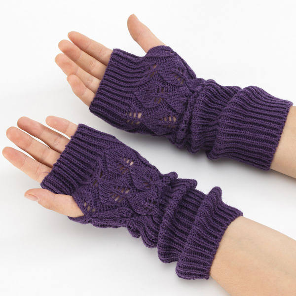 Dam handskar stickade jacquard blad cykling varma öppna fingrar halv fingrar typi lila KLB