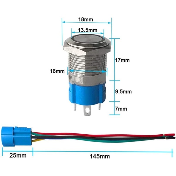 3 st Premium 12V/24V 5A Momentary Tryckknappsbrytare, 16mm Tryckknappsbrytare, Blå LED IP67 Vattentät Brytare med Strömuttagstråd