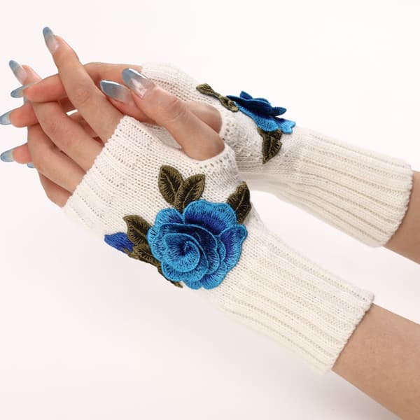 Vinter Fingerløse Handsker Halvfinger Handske Hvid + Blå Blomst KLB
