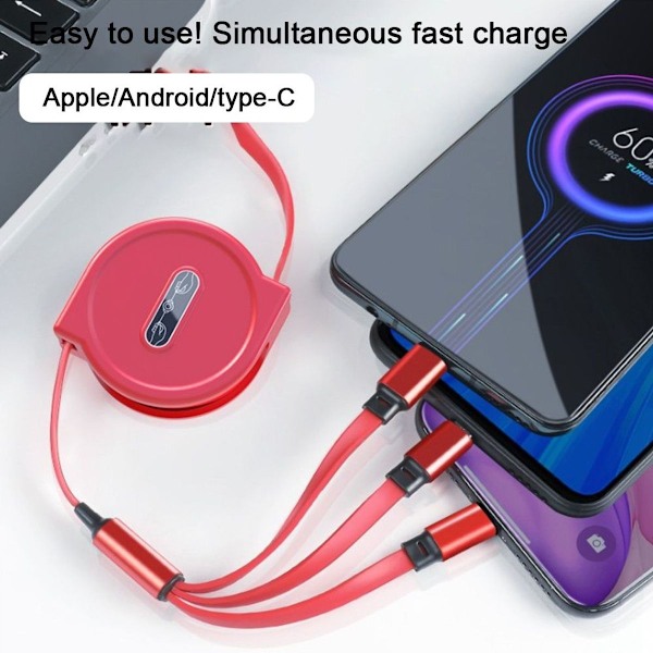 3 i 1 Teleskopisk ladekabel for Apple Android Rød