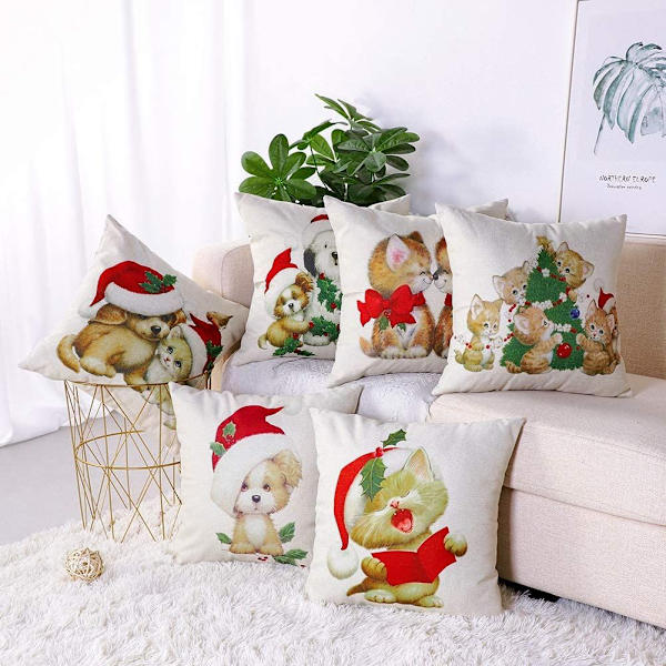Set med 6 bomullslinnekuddfodral, för hem, sovrum, soffa, bil, jul kollektion katt hund örngott söt kuddfodral linne digitaltryck 45x45