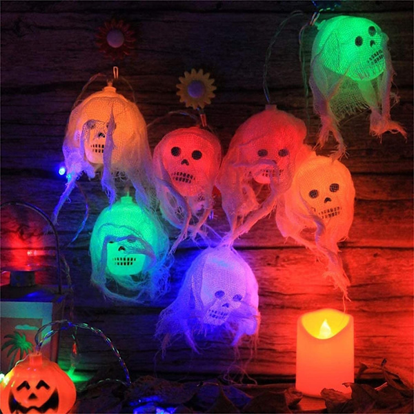 Halloween Skull Lys Girlander|Horror Skeleton Hode 10 Fargerike LED Lys Strenger|Innendørs og Utendørs Halloween Fest Dekorasjoner Hengende Dekor