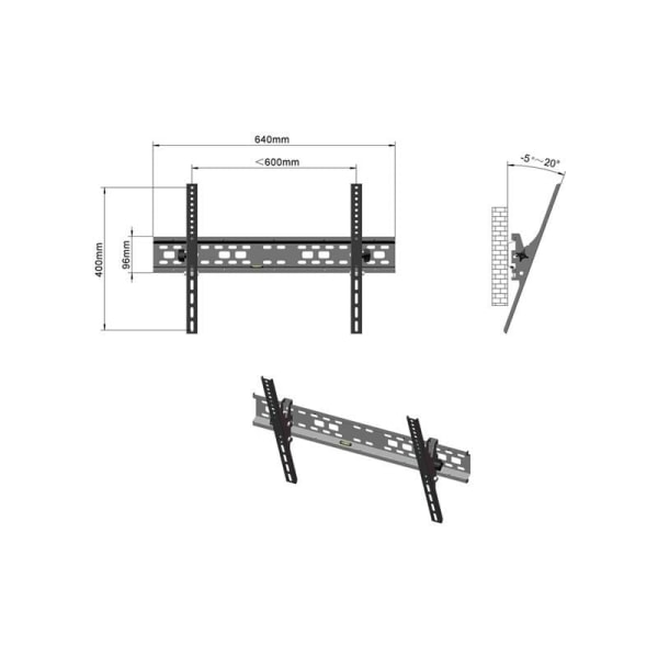 TV-seinäteline 32-70 tuumaa vaakasuoralla kuplalla, VESA 400x600mm (Max. 50 kg), kallistuva -5°20° KLB