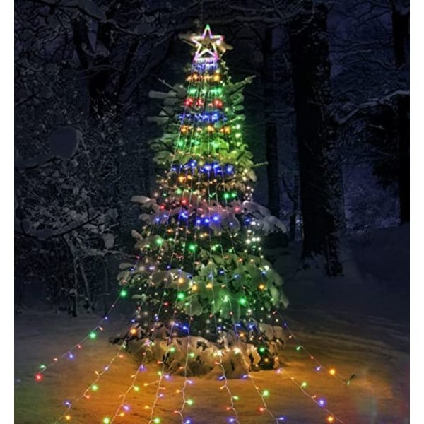 350 LED juletre lys krans med stjerne, 9*3,5 m hvit juletre lys gardin, flerfarget utendørs og innendørs juledekorasjon