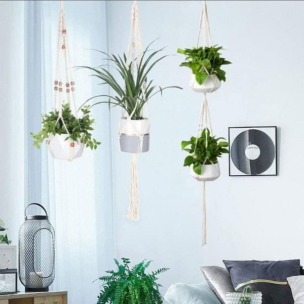 3-pack macramé krukväxthängare och 3 krokar för inomhus- och utomhusbruk