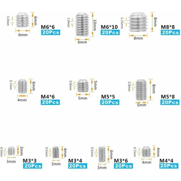 200Pcs Allen Screws Stainless Steel Hexagon Headless Screws Set Metric Professional Metal Accessories M3 M4 M5 M6 M8 KLB