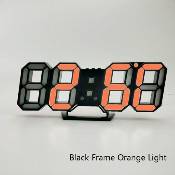 3D Stereo LED Vækkeur Stue 3D Væg Ur Sort Ramme Orange Lys