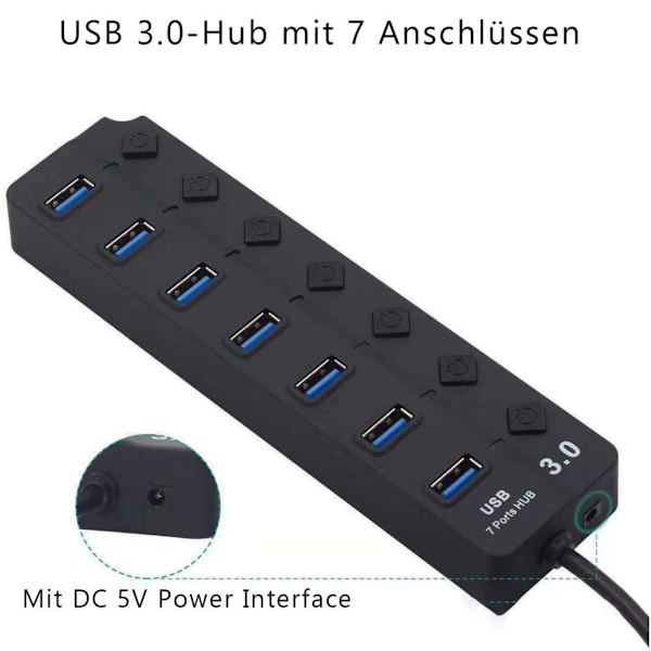 Aktiv 3.0 USB-hub med strømforsyning, 7 porte USB 3.0 Hub Aktiv datahub med KLB