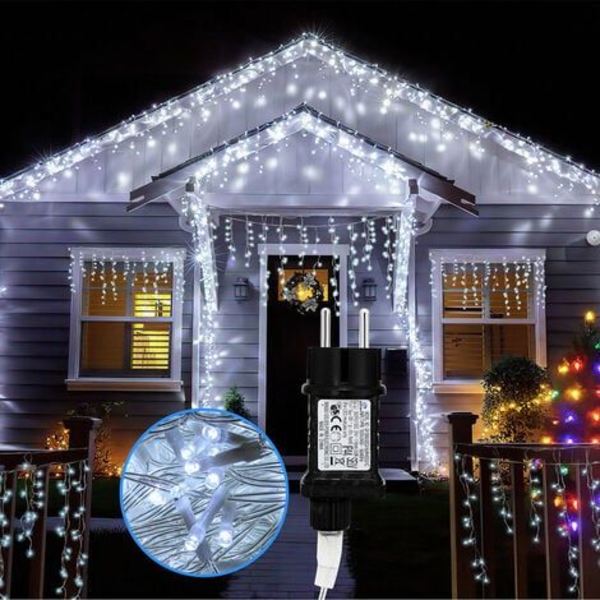 10m LED-lysslyng med istapper, julelys, gardinlys, kald hvit