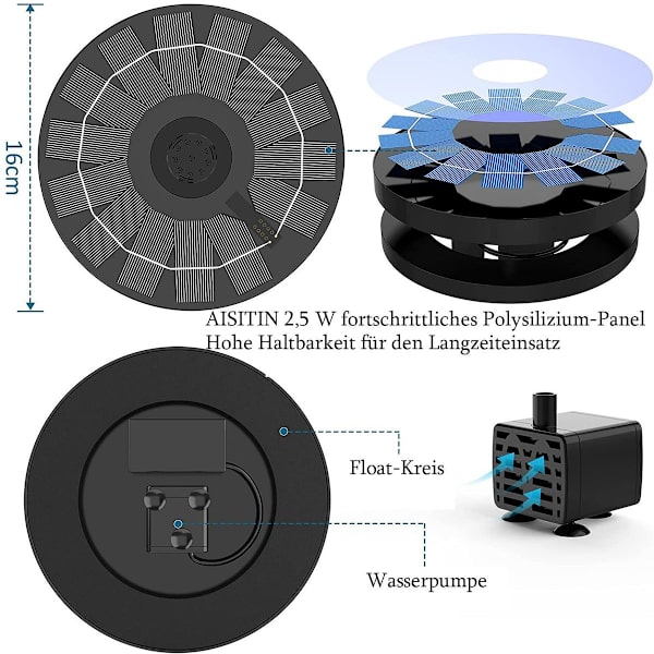 2,5W Solcelledrevet Springvandspumpe - Flydende Fuglebad