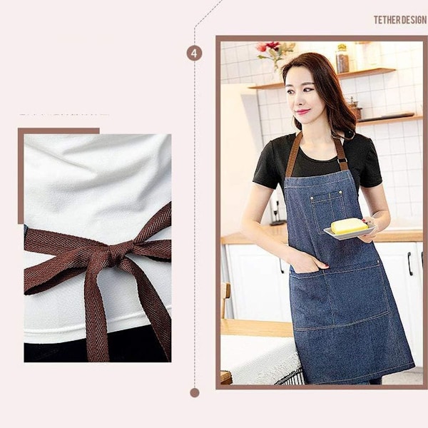 Denimforkle, Unisex justerbar forkle med 3 lommer, matlagingsforkle KLB