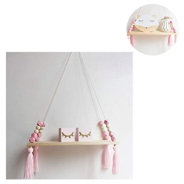 Puinen helmi-tupsu-kelluva hylly mänty, prinsessatyylinen seinähylly-keinu