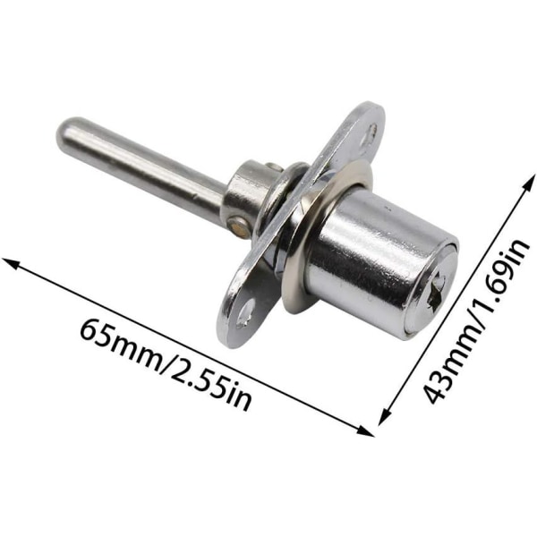 (Sølv) Skuffelås for 2 stk med nøkkeltrykkstempellås med nøkkel for arkivskap Vitrineskap, Diameter 16 mm, Lengde 61 mm