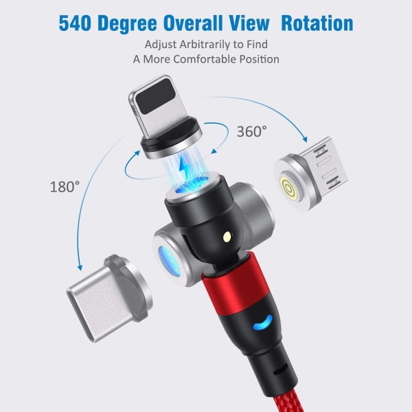 540 Graders Magnetisk Ladingkabel Nylonflettet Rød Pakke med 3 3ft + 6ft + 6ft