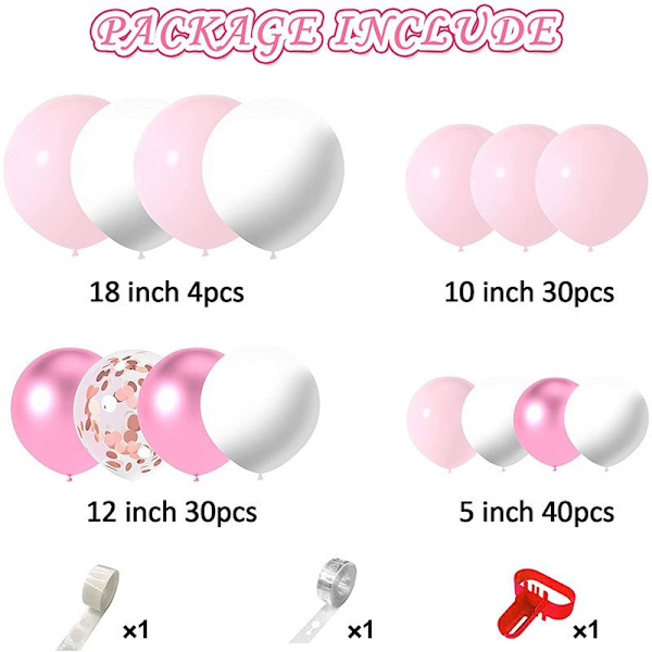 107-delad rosa ballongbåge-set, färgglad konfettiballonggirlang-set, pojkar och flickors födelsedagar, babyshower, fester, bröllopsshower, bröllopsdekorationer