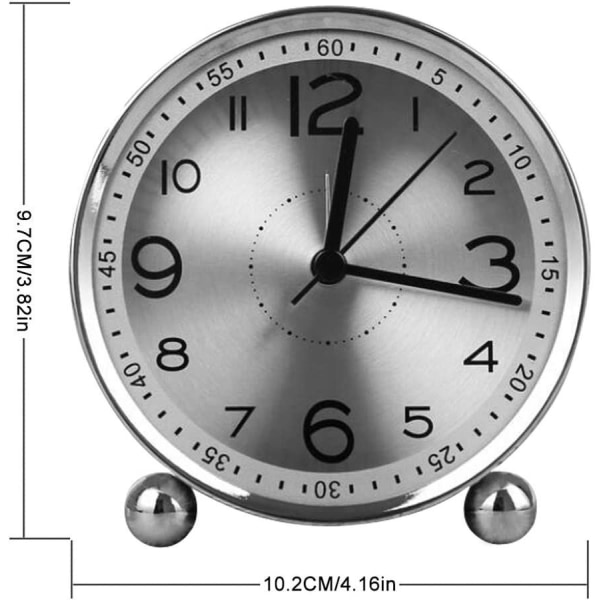 4 tum tyst metallväckarklocka morgon, retro ljudlarm, batteridriven elektromekanisk väckarklocka, reseväckarklocka (silver)