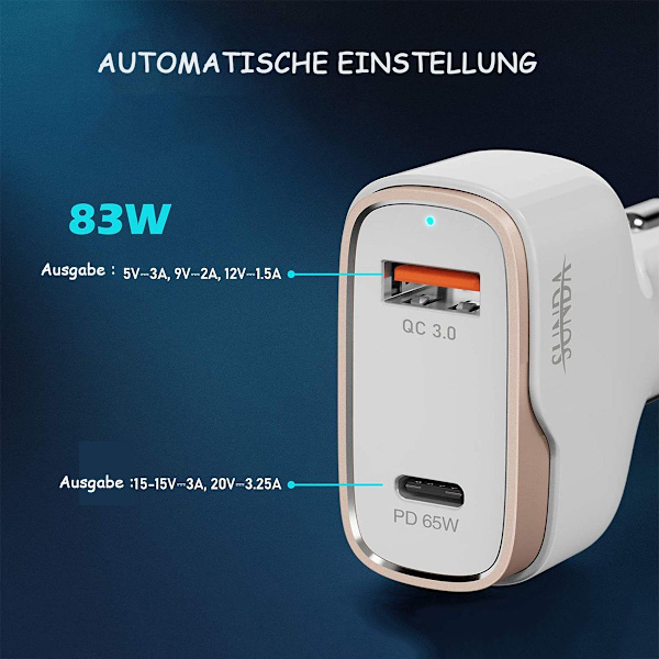 Bil laddare USB C, 83W 12V bil mobiltelefon laddare QC 3.0 + Typ C PD KLB