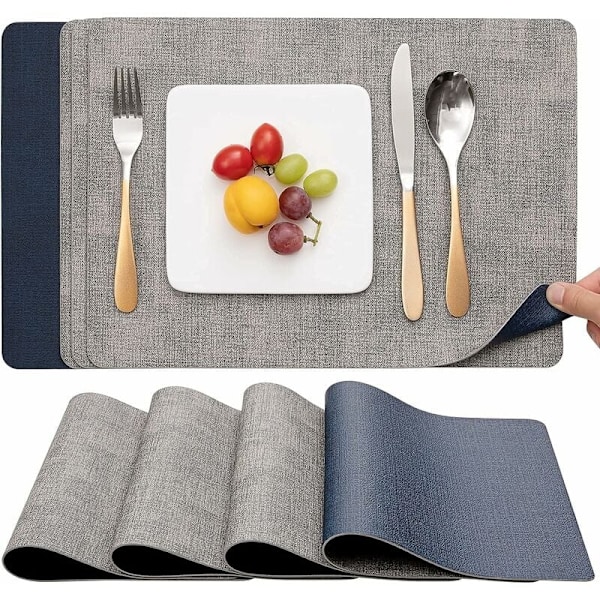 Washable Double-Sided Two-Tone Leather Placemats, Easy-to-Clean Non-Slip Placemats, Placemats Set of 4, Gray/Blue KLB