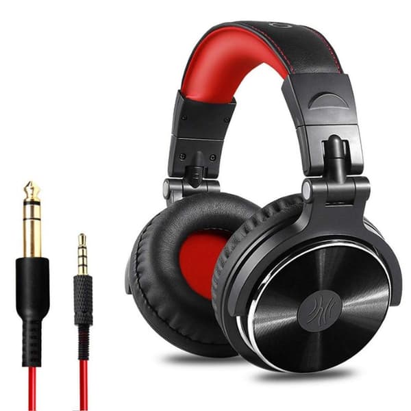 Over-ear-hovedtelefoner med kabel, 50 mm driver, baslyd, sort rød