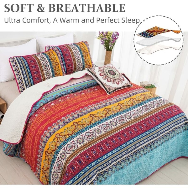 Bohemian Quiltet Sengetæppe Dobbelt 3-delt Patchwork Sengetæppe Vendbart Quilt Blødt Mikrofiber Sengetøj 220 240 cm KLB