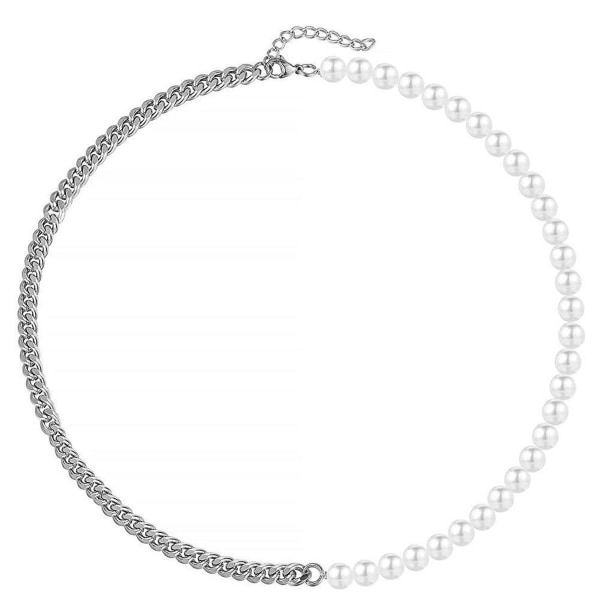 Halsband för män med pärlor, halva pärlor halva kedja, rostfritt stål, silver, 45 cm