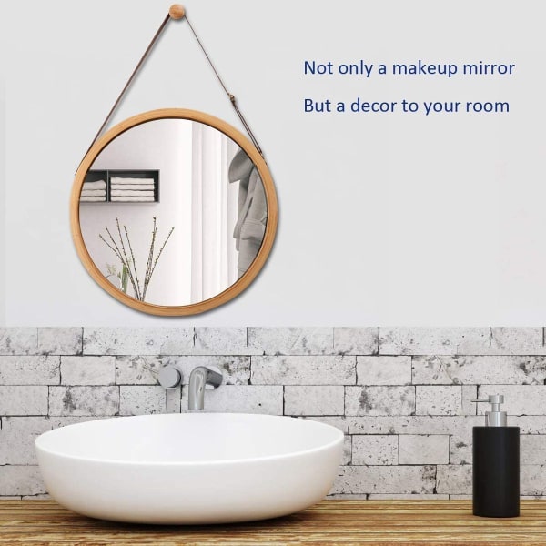 Bambuinen seinäpeili pyöreä eteisen peili kylpyhuoneen peili säädettävällä nahkahihnalla KLB