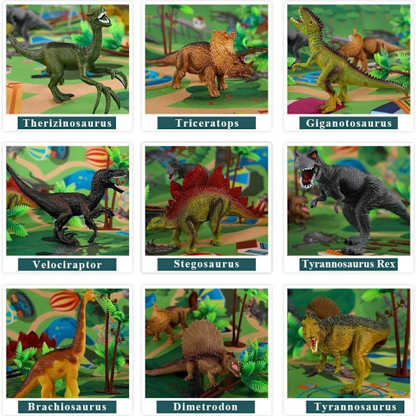 Dinosaurus lelufiguuri aktiviteettipelialustalla ja puilla, opettavainen realistinen KLB