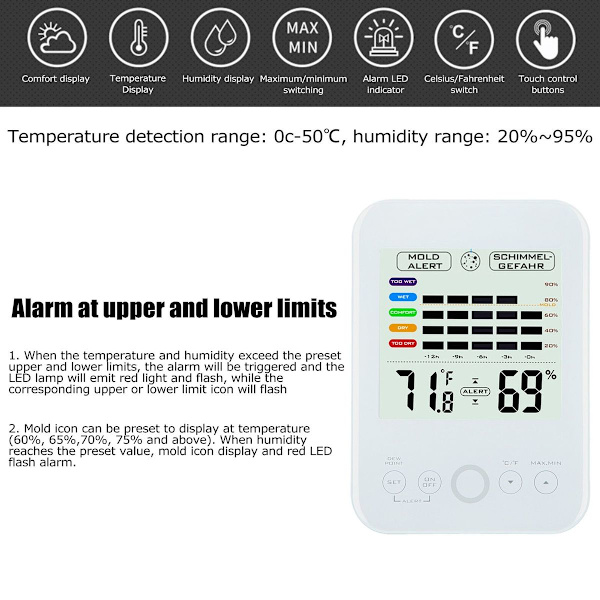 Touch Screen Termohygrometer Elektronisk Digital Vægmonteret KLB