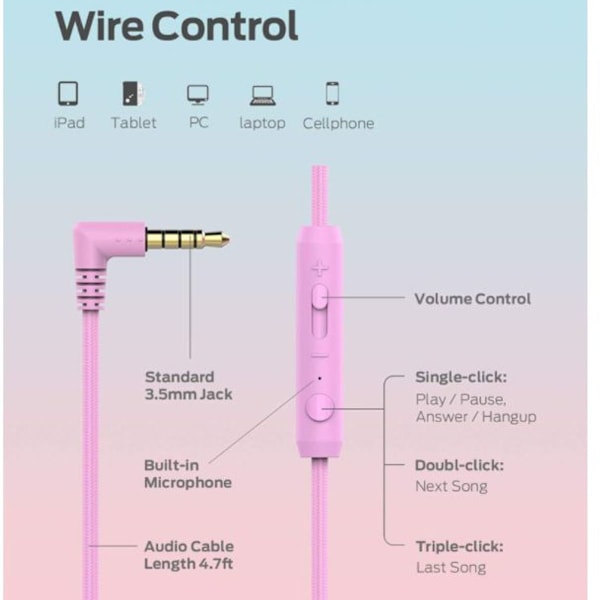 Børnehovedtelefoner - Sammenfoldelige, Ufiltrerede Stereo 3,5mm Jack Pink