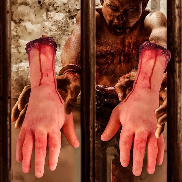 Halloween Blood Rekvisita Falsk Skrämmande avskuren hand trasig för spökhus Halloween Vampyr Zombie Festdekorationer Tillbehör (brutna händer (vänster + höger))