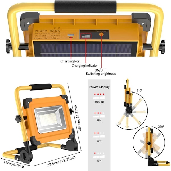 100W Solcelledrevet Genopladelig LED Byggepladslampe, 4 Tilstande 120 Arbejdslys, 14000mAH Vandtæt Batteri USB Powerbank til Bilreparation, Garage, KLB
