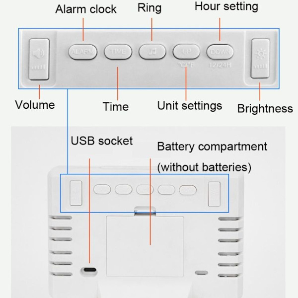 Stor skärm LED-klocka på sängbordet, multifunktionell elektronisk väckarklocka (vit sjal