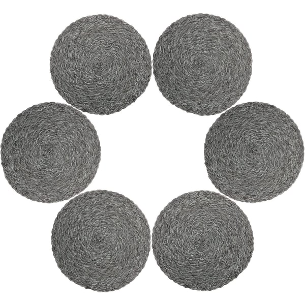 Flekkbestandige, varmebestandige, sklisikre, vaskbare runde dekkebrikker i polypropylen (sett med 6, grå flettet)