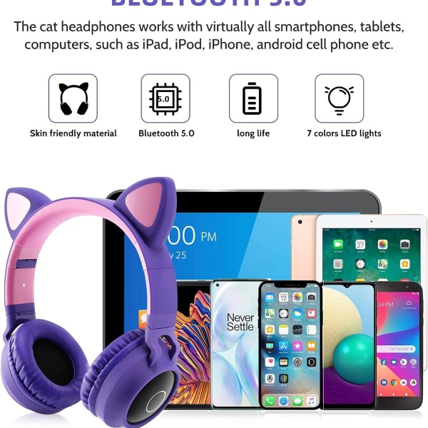 Bluetooth-hodetelefoner Katteører LED-lys Trådløs sammenleggbar Lilla Rosa