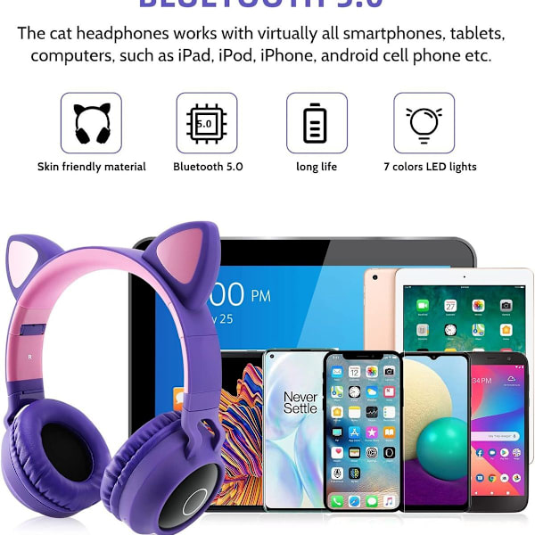 Bluetooth-hörlurar Kattöron LED-lampor Trådlösa Fällbara Lila Rosa