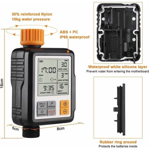 Automatisk vanningstimer for hage, utendørs vanningsprogrammerer, sprinklertimer med stor LCD-skjerm [Energiklasse A++] KLB