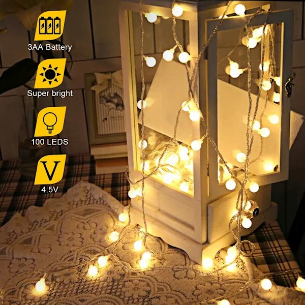 Ulkovalosarja, 10m 80 LED-valosarja paristokäyttöinen LED-valosarja, vedenpitävä IP65, makuuhuoneet, joulukoriste (lämmin valkoinen) KLB