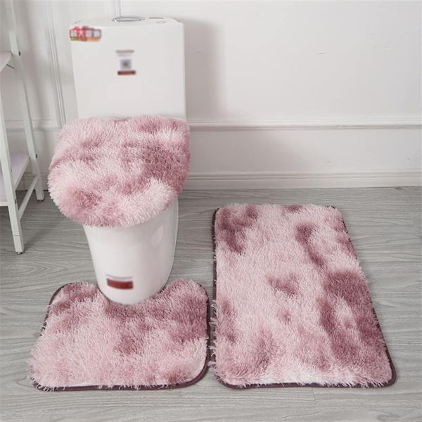 Set med lila halkfria badrumsmattor, 3 delar, lång lugg toalettkonturmatta, lurvig tie dye toalettlock
