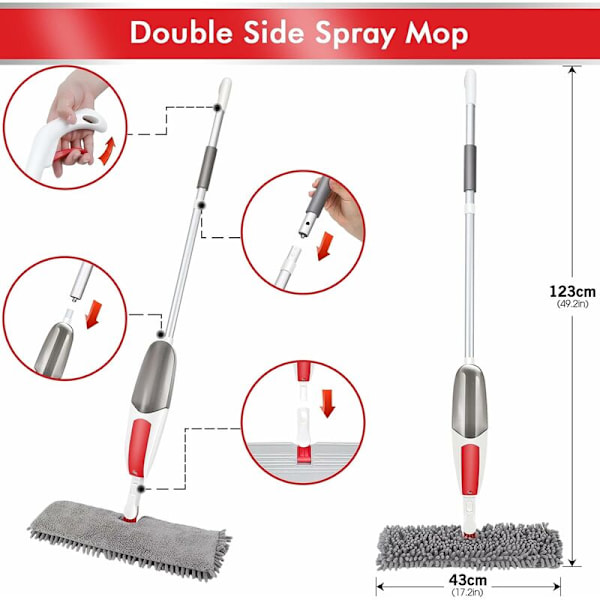 Mop med spray, mikrofiber flatmop med 550 ml tank, 360° rotasjonsspraymop, mopp for gulvrengjøring - 3 pads KLB