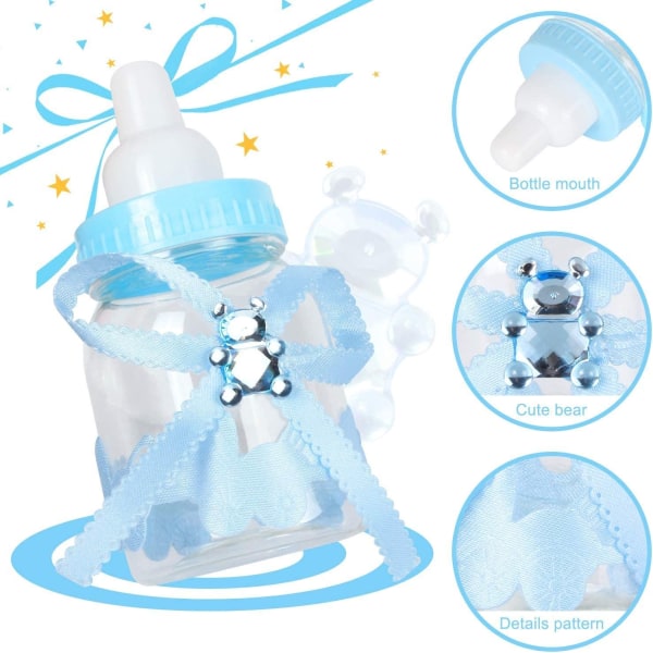 24 Bonbonniere-flaske med dåpsgodteri, Baby Girl Baby Shower Deco og fødselsdekorasjon. Blå babyflaske (4cm*4cm*9cm)-
