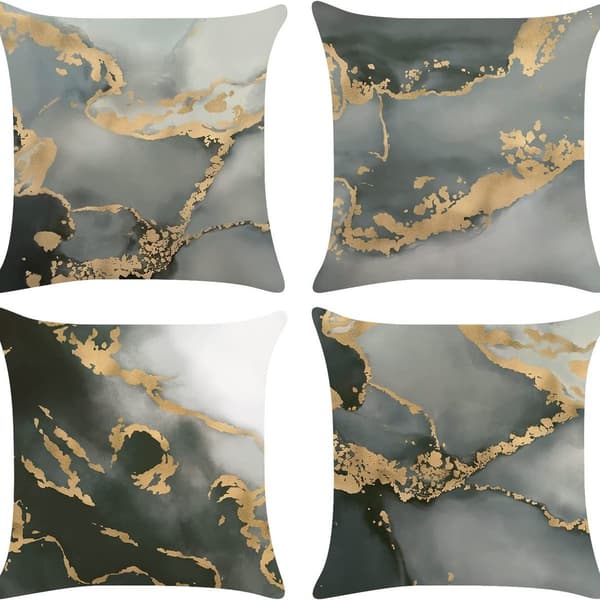 Set om 4 kuddfodral Marmor Svart Guld Abstrakt Art Deco Soffa