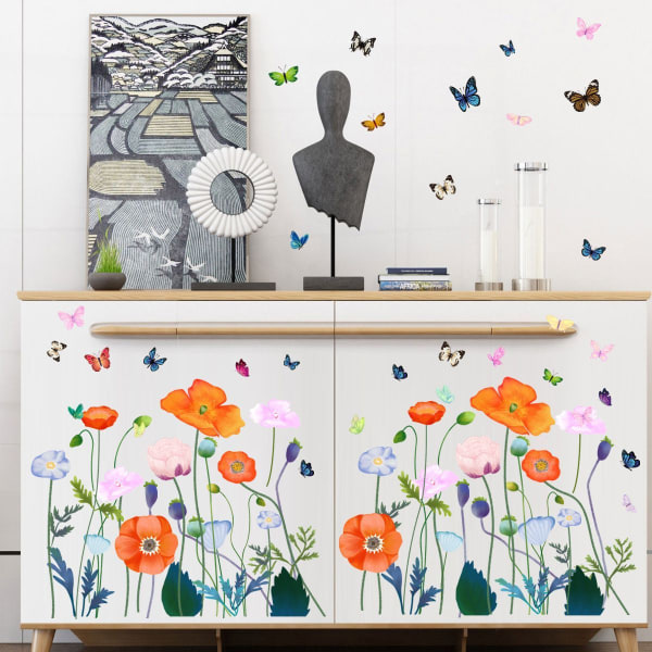 Sommer wallstickers med blomster og gress - hageblomst wallstickers - blomsterdekorasjoner KLB