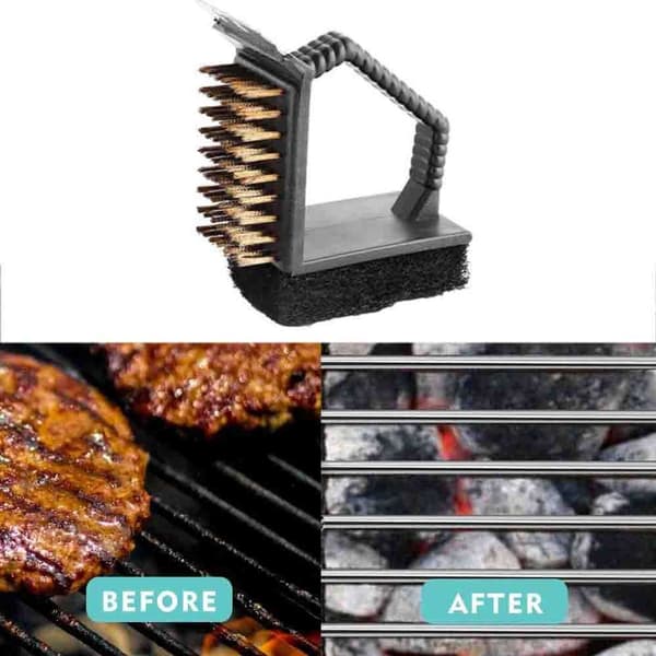 3-i-1 grillbørste med skrape, grillrenserbørste med metallbust, svamp