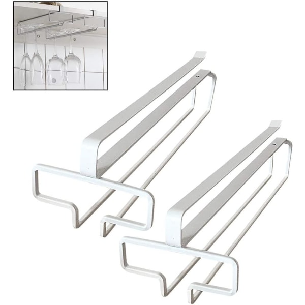 Hängande vinglashållare i metall, vinställ under skåp, rymmer upp till 4 glas (2-pack, vitt)