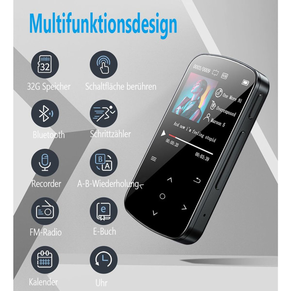AGPTEK MP3-afspiller Bluetooth 5.0 Sport 32GB med 1,5 tommer TFT-farveskærm, KLB
