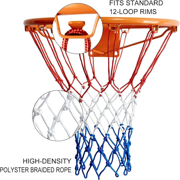 2-pak med kraftige 12-ringers standard basketballnett laget av flerfarget